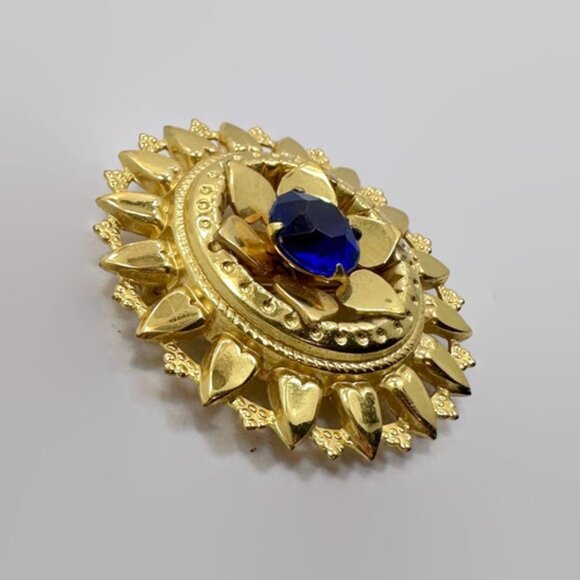 Vintage Brooch, Flower, Victorian Revival, Gold Tone, Blue Jewel, Ornate - Picture 3 of 4